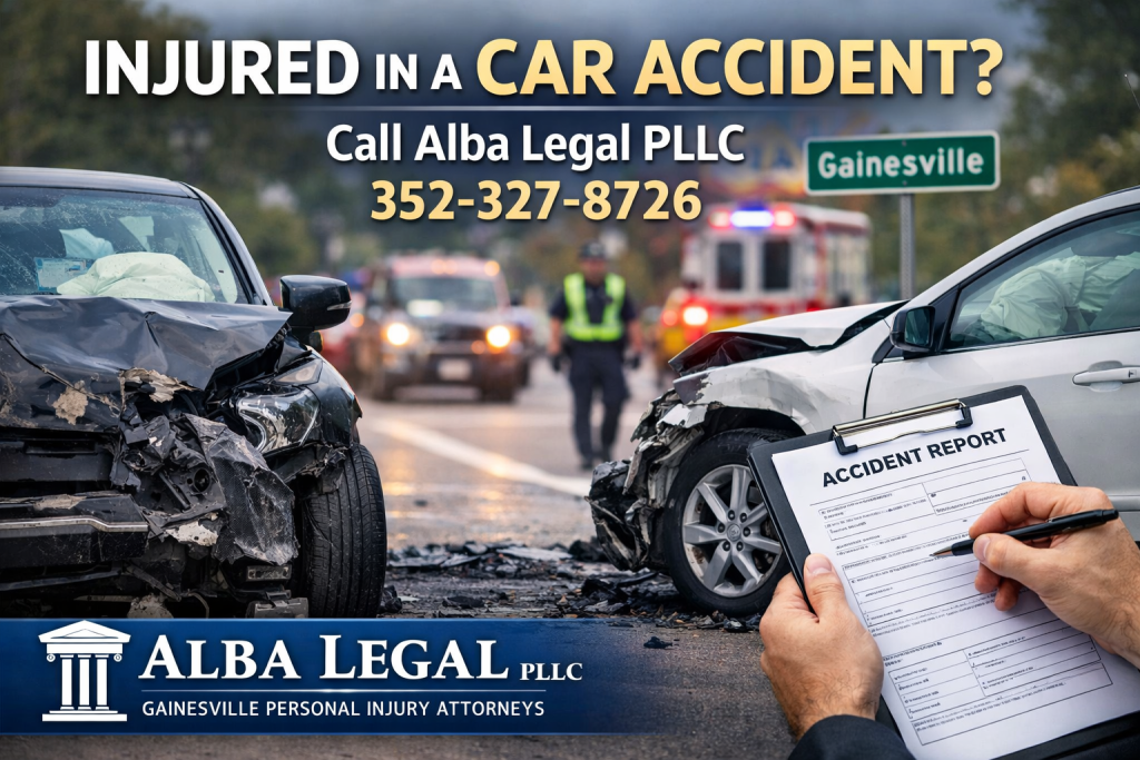 Two Cars wrecked after a car accident. Alba Legal PLLC, Car accident lawyers in Gainesville, FL