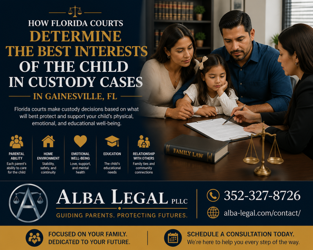 Latino family meeting with a Gainesville family law attorney to discuss child custody matters and parenting decisions. The image illustrates how Florida courts determine the best interests of the child by considering parental ability, home stability, emotional well-being, education, and family relationships.