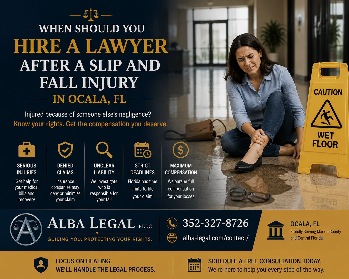 Slip and fall injury victim sitting on a wet lobby floor beside a caution sign in Ocala, Florida, illustrating when to hire a lawyer after an accident caused by unsafe property conditions. Alba Legal PLLC helps injured victims understand their rights and pursue compensation.